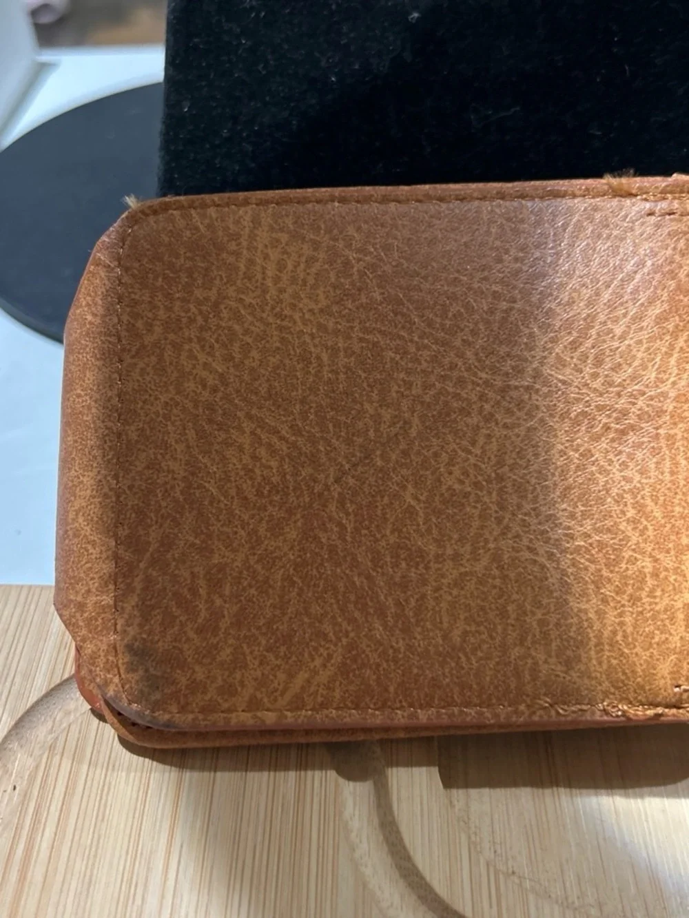 Brown Embroidered Leather Card Holder some stain in Lower back and wrinkle